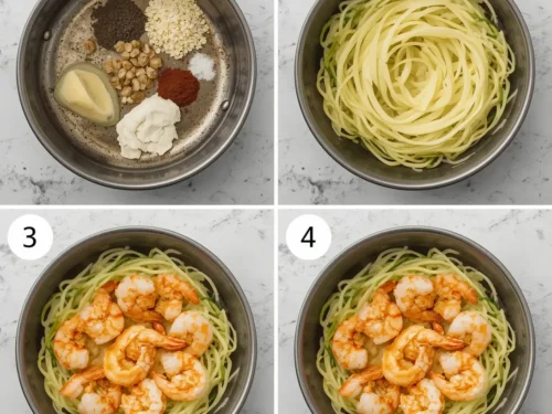 A vibrant plate of garlic butter shrimp with zoodles, garnished with fresh parsley.