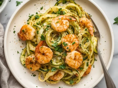 A vibrant plate of garlic butter shrimp with zoodles, garnished with fresh parsley.