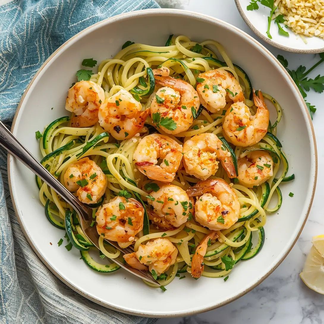 A vibrant plate of garlic butter shrimp with zoodles, garnished with fresh parsley.