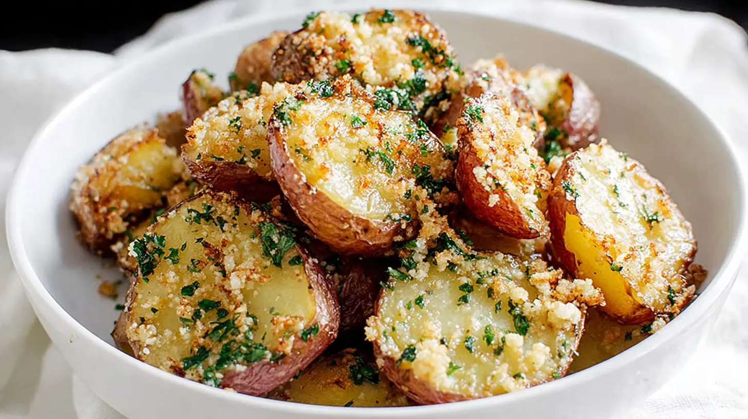 Close-up of golden brown garlic parmesan potatoes on a baking sheet.