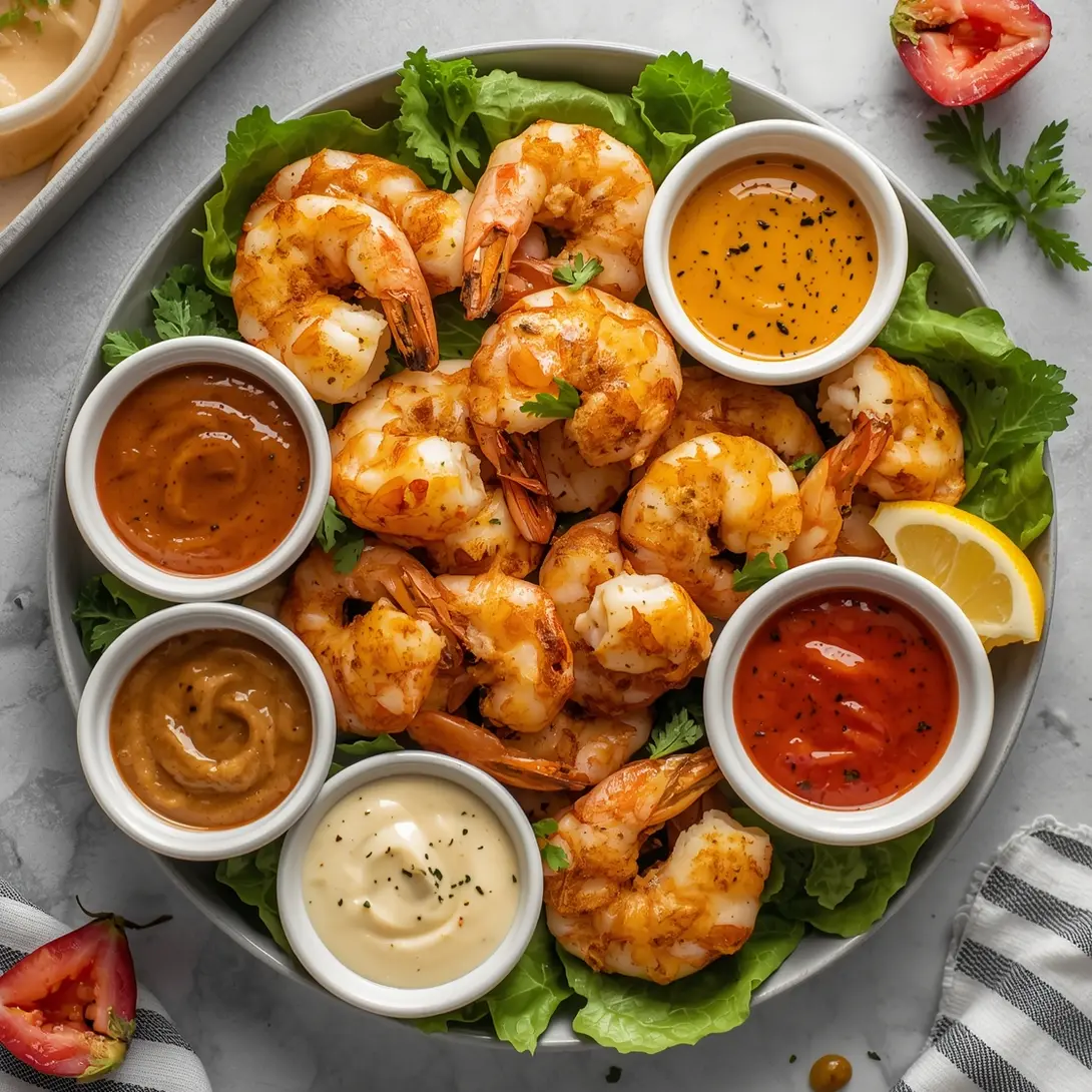 A delectable garlic parmesan shrimp cocktail platter, beautifully arranged with dipping sauces