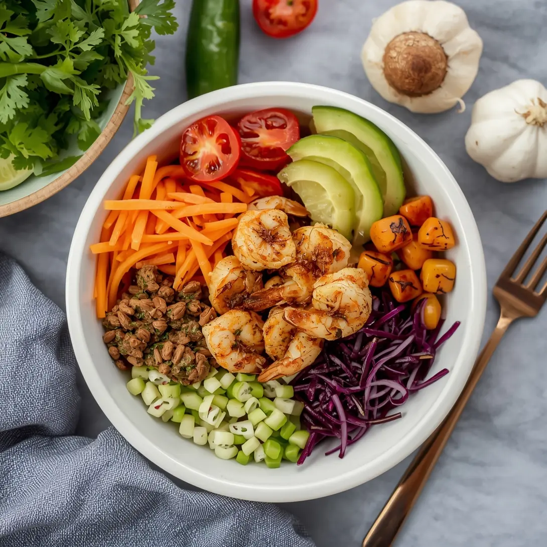 A colorful garlic shrimp burrito bowl with various fresh ingredients