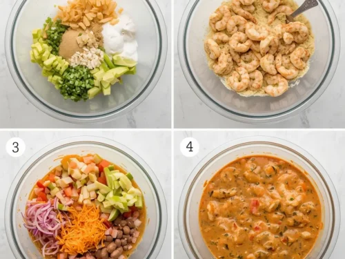 A colorful garlic shrimp burrito bowl with various fresh ingredients