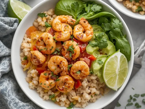 A colorful garlic shrimp burrito bowl with various fresh ingredients