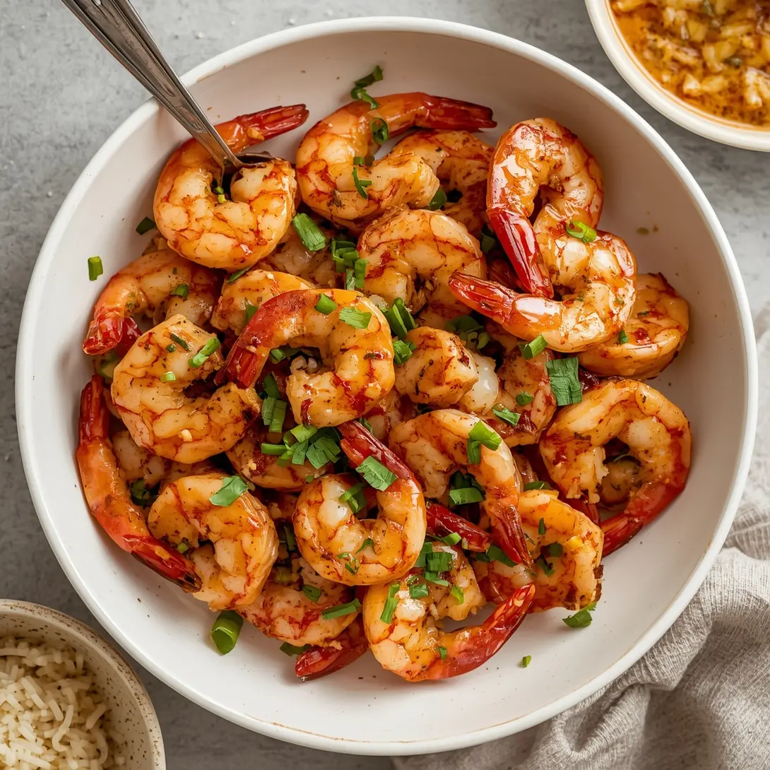 A colorful garlic shrimp burrito bowl with various fresh ingredients