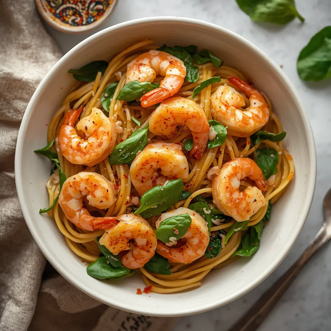 Close-up of garlic shrimp linguine with fresh spinach leaves and red pepper flakes in a bowl
