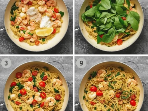 Close-up of garlic shrimp linguine with fresh spinach leaves and red pepper flakes in a bowl