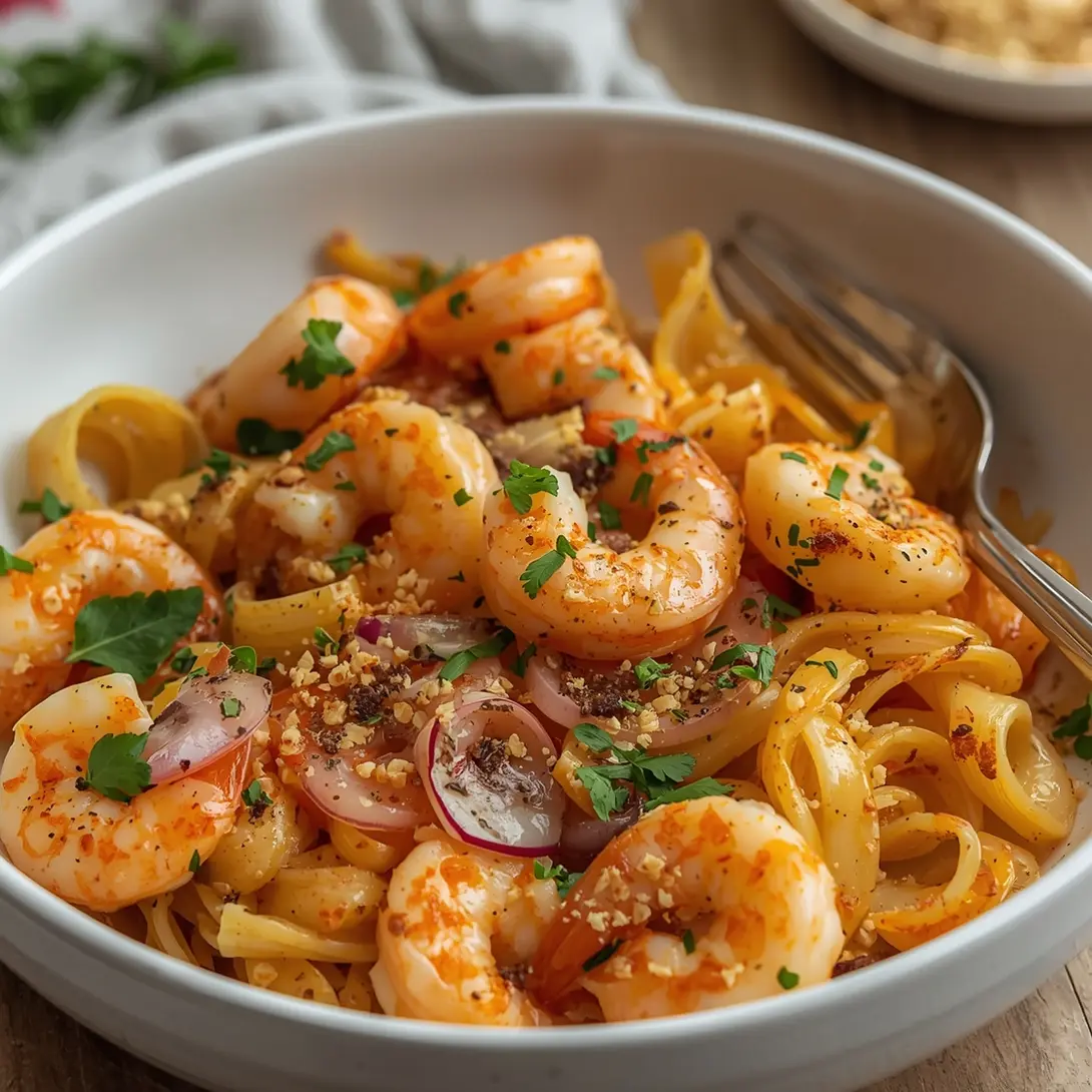 Close-up of garlic shrimp linguine with fresh spinach leaves and red pepper flakes in a bowl