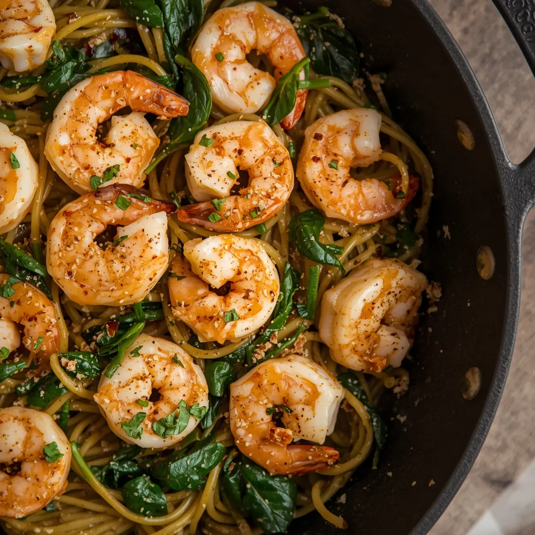A close-up of garlic shrimp linguine with fresh spinach, chili flakes, and parsley garnish
