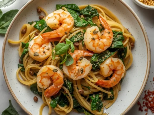 A close-up of garlic shrimp linguine with fresh spinach, chili flakes, and parsley garnish