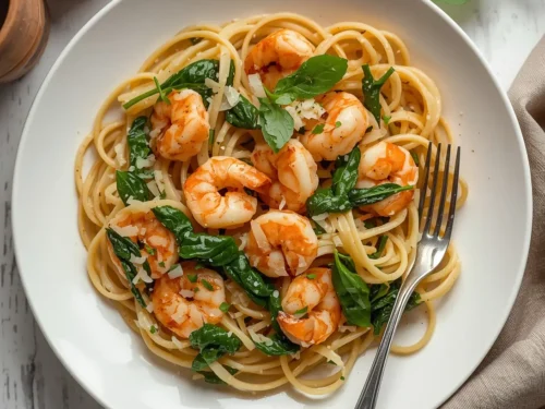A close-up of garlic shrimp linguine with fresh spinach, chili flakes, and parsley garnish