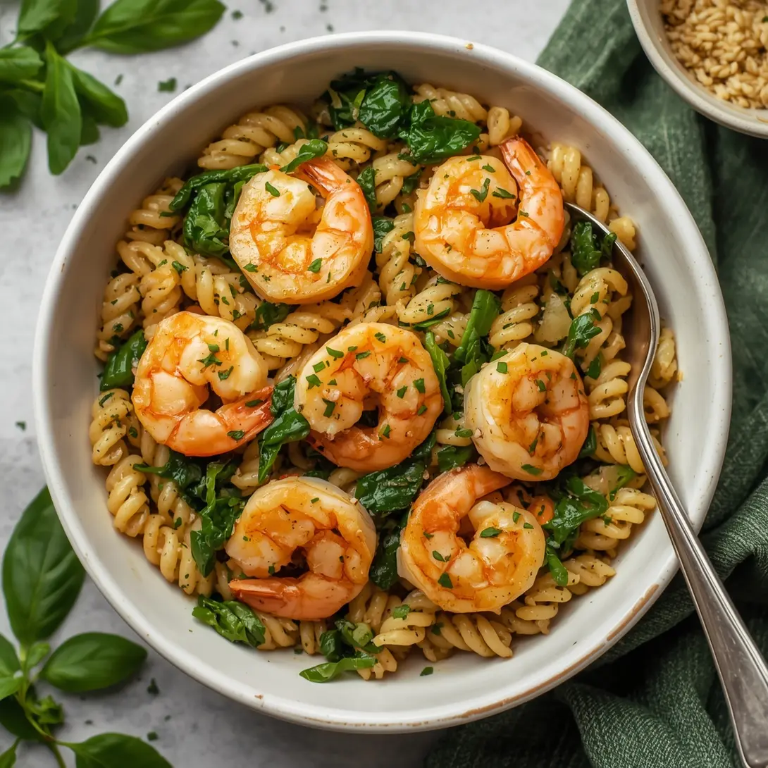 A close-up shot of a bowl of garlic shrimp and spinach orzo with fresh herbs.