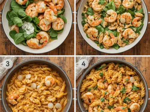 A close-up shot of a bowl of garlic shrimp and spinach orzo with fresh herbs.
