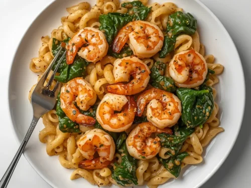 A close-up shot of a bowl of garlic shrimp and spinach orzo with fresh herbs.