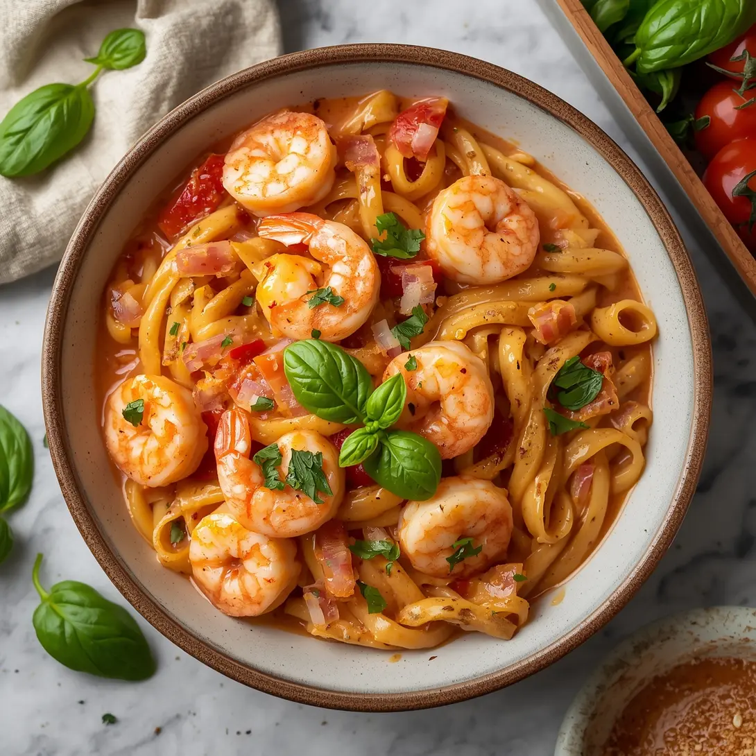 A vibrant bowl of garlic shrimp and tomato cream pasta, garnished with fresh basil.