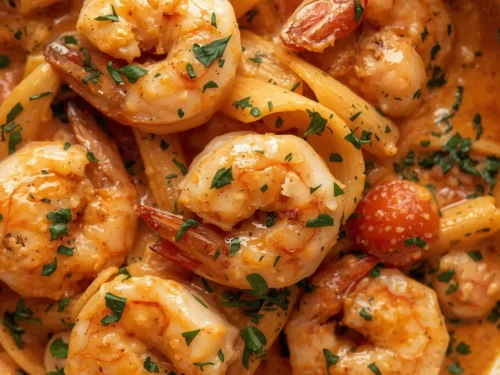 A vibrant bowl of garlic shrimp and tomato cream pasta, garnished with fresh basil.