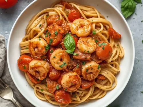 A vibrant bowl of garlic shrimp and tomato cream pasta, garnished with fresh basil.