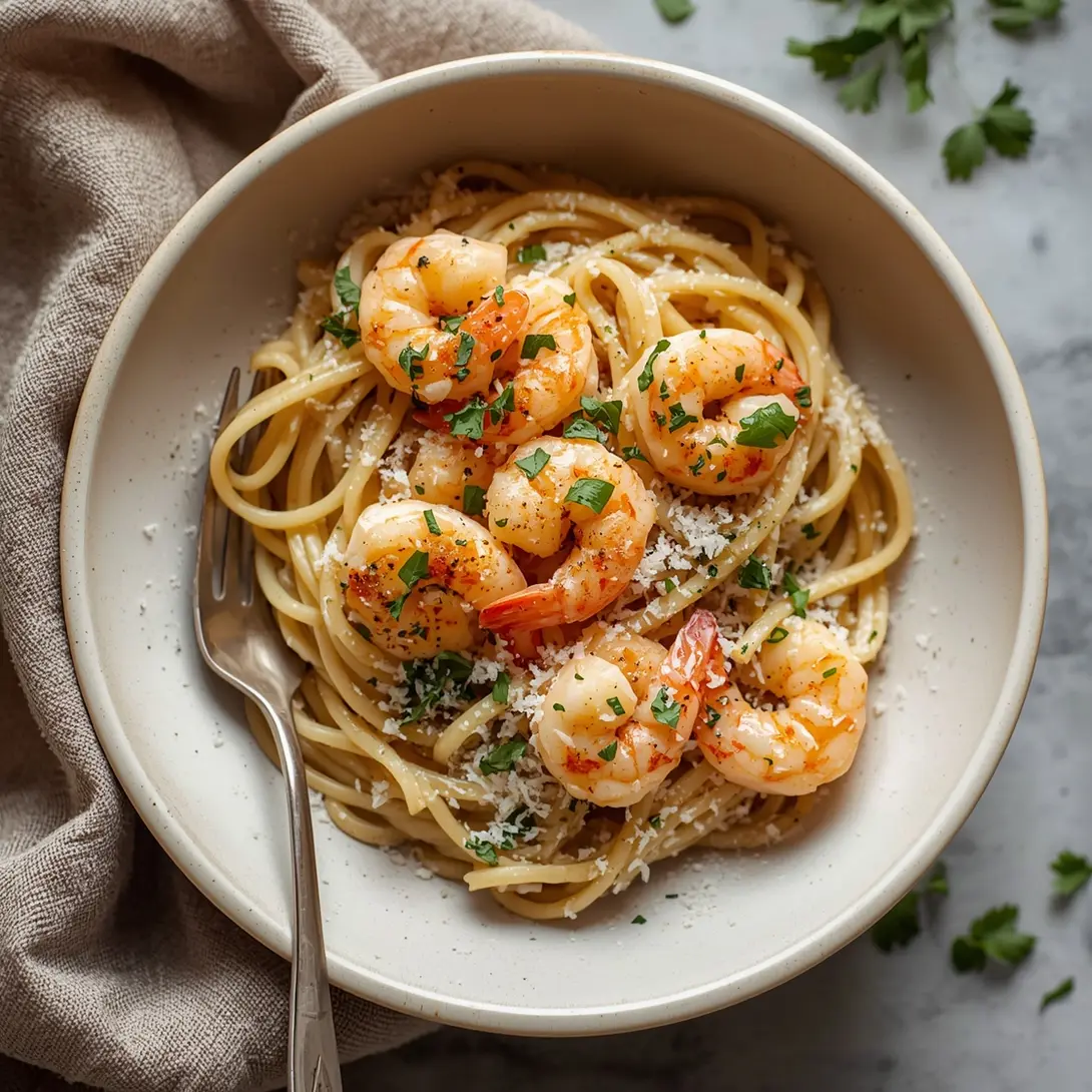 A vibrant bowl of garlic shrimp and tomato cream pasta, garnished with fresh basil.
