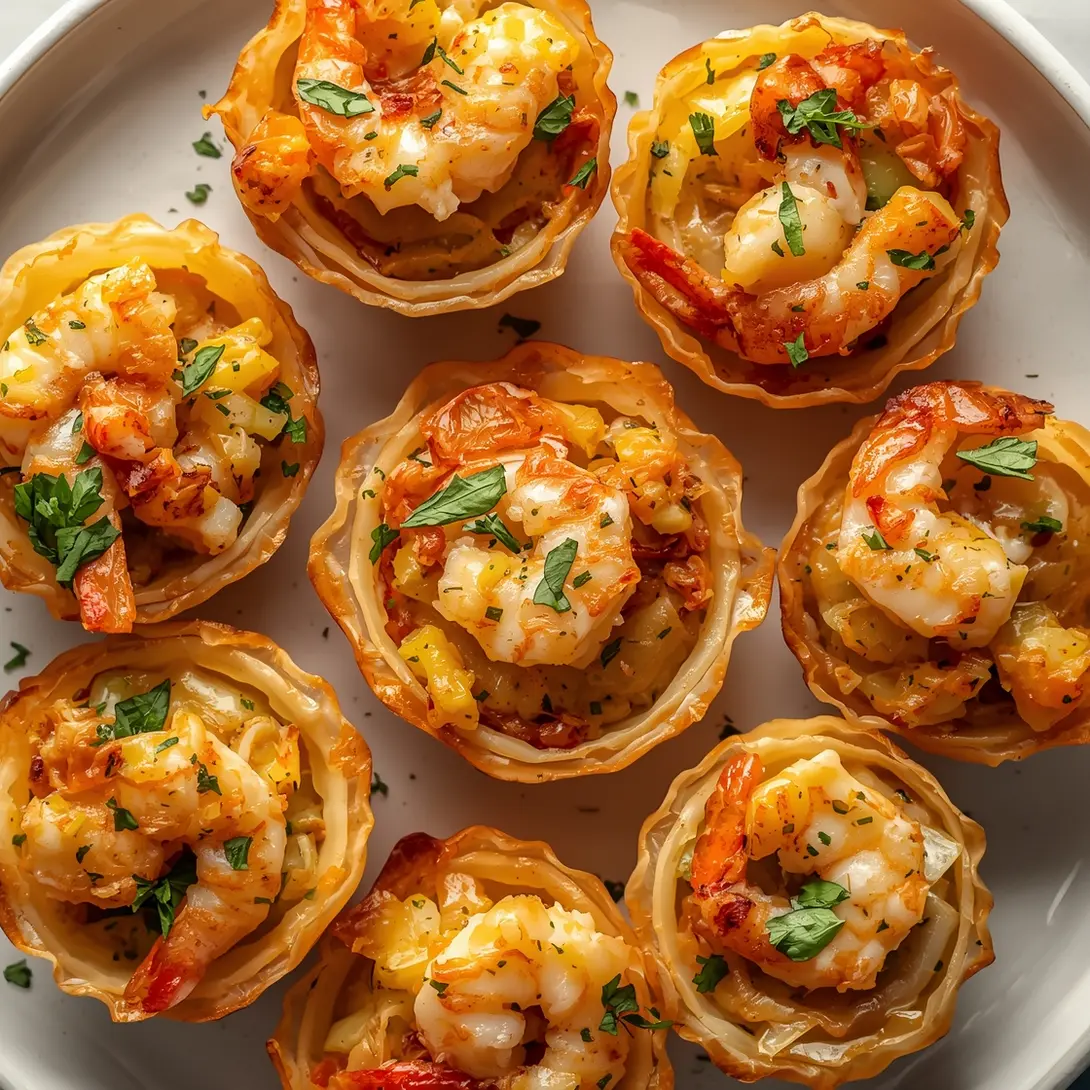 Golden shrimp and herb phyllo cups arranged on a platter, showcasing their crispy texture.