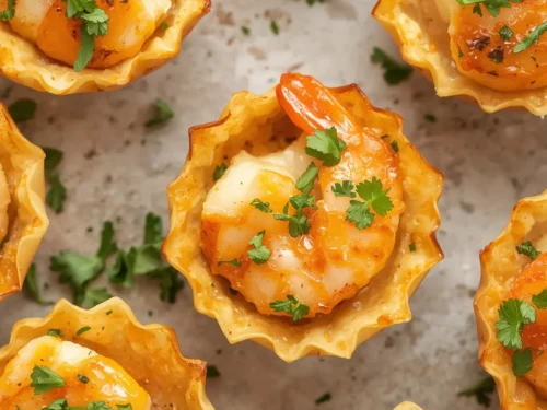 Golden shrimp and herb phyllo cups arranged on a platter, showcasing their crispy texture.