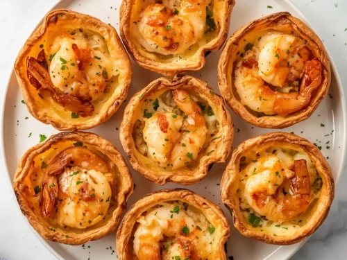 Golden shrimp and herb phyllo cups arranged on a platter, showcasing their crispy texture.