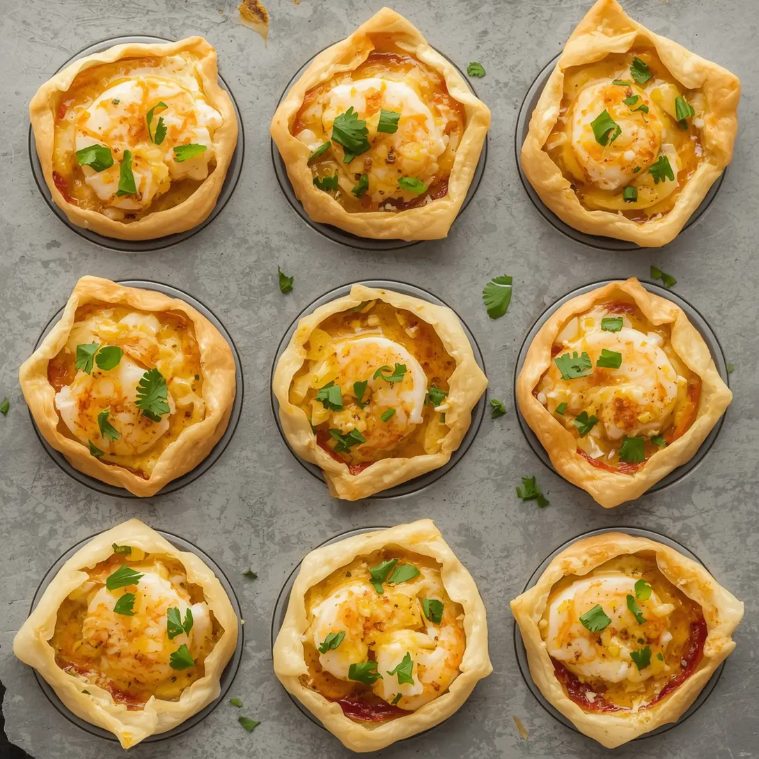 Golden shrimp and herb phyllo cups arranged on a platter, showcasing their crispy texture.