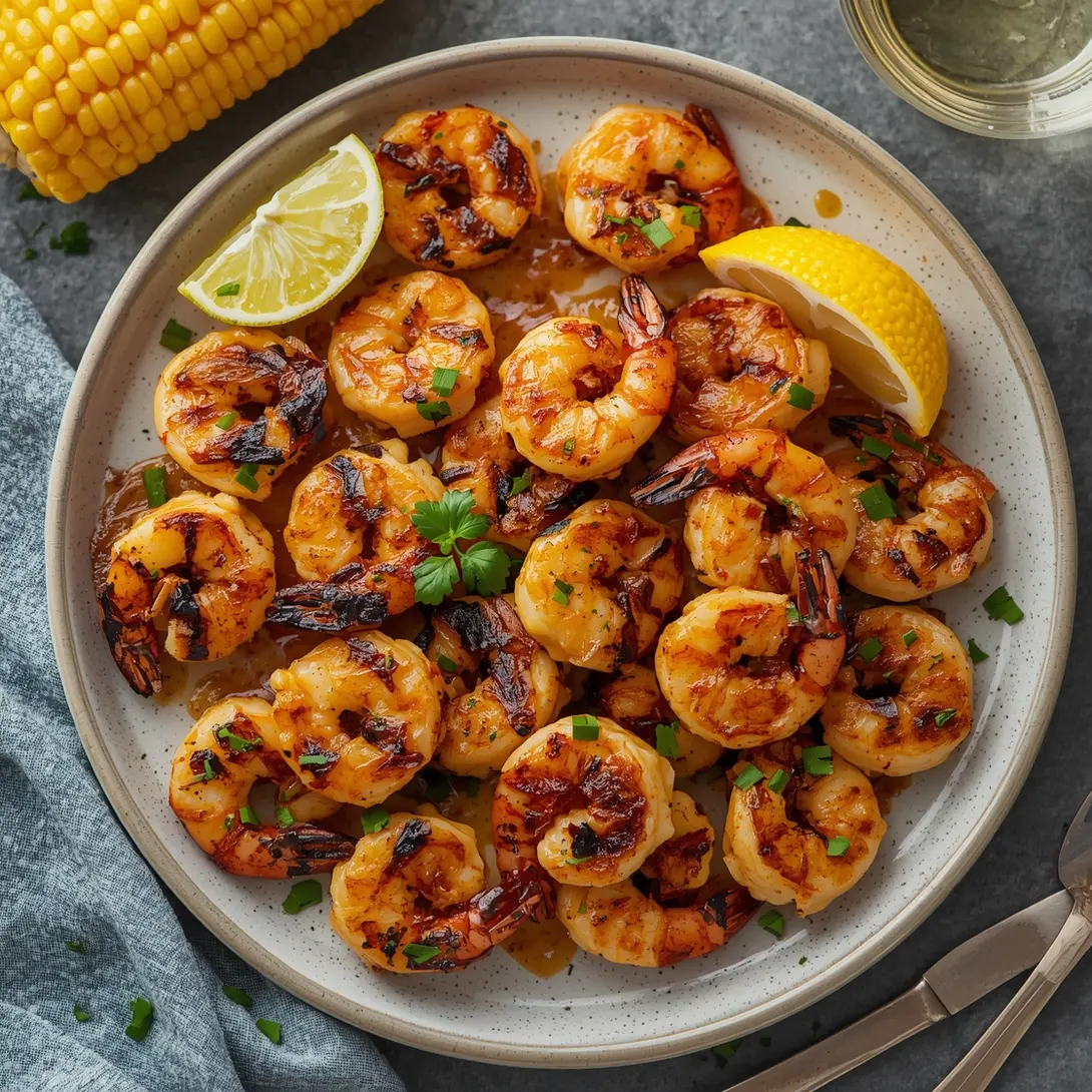 Delicious grilled Cajun shrimp served alongside corn on the cob
