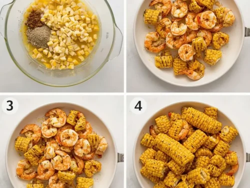 Delicious grilled Cajun shrimp served alongside corn on the cob