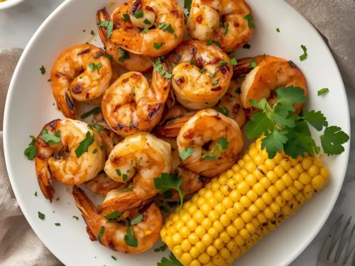 Delicious grilled Cajun shrimp served alongside corn on the cob
