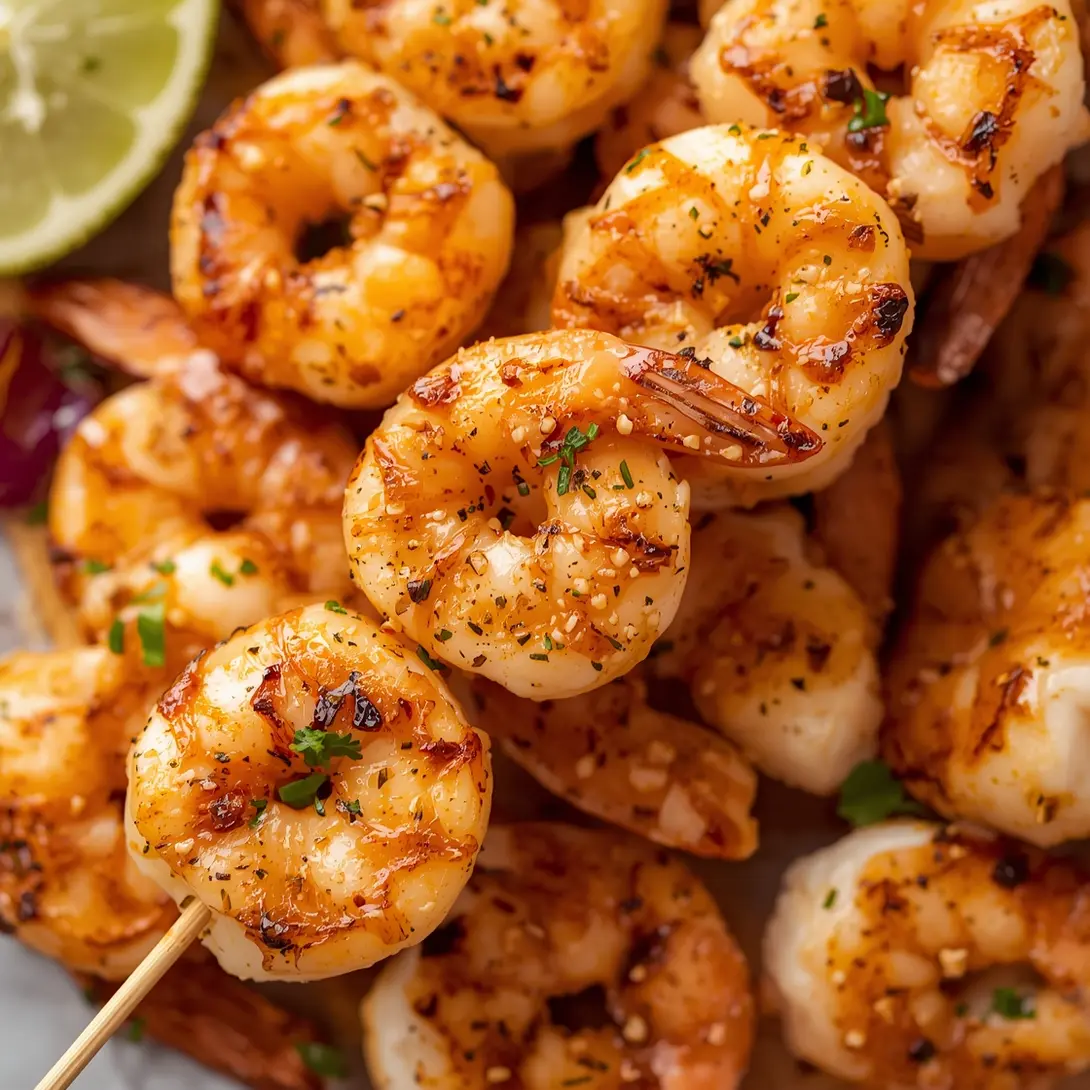 Close-up of grilled garlic lime shrimp skewers, perfectly cooked and slightly charred.