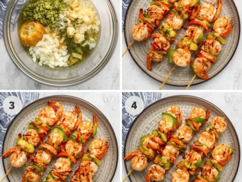 Close-up of grilled garlic lime shrimp skewers, perfectly cooked and slightly charred.