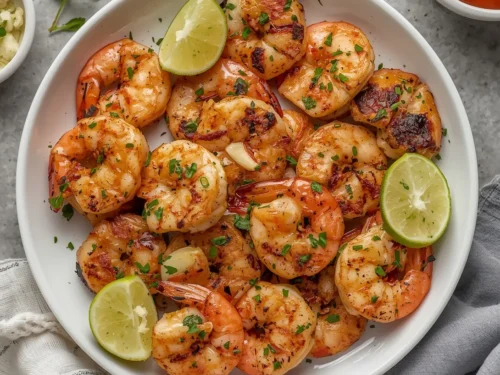 Close-up of grilled garlic lime shrimp skewers, perfectly cooked and slightly charred.