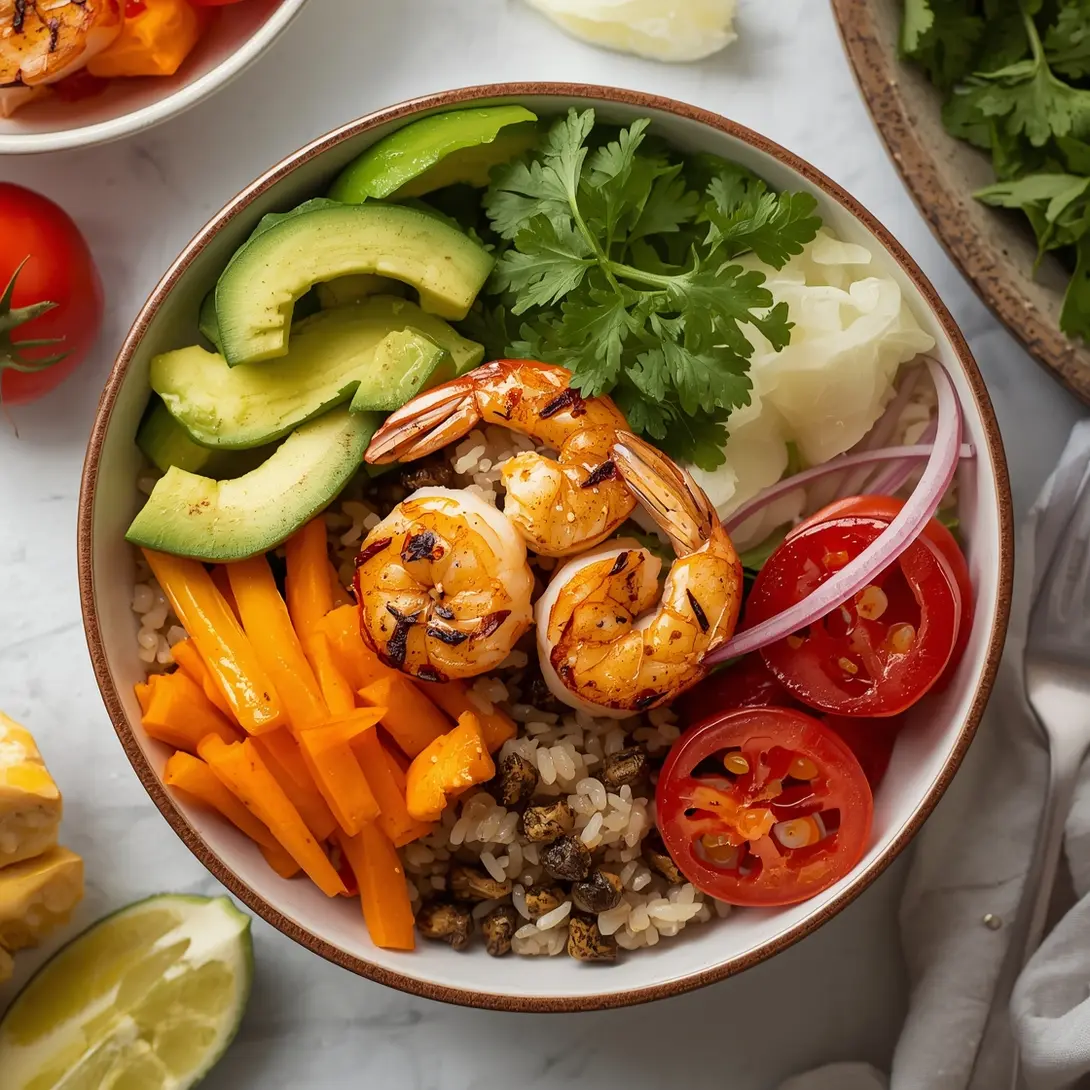 A vibrant grilled shrimp and brown rice buddha bowl filled with fresh vegetables