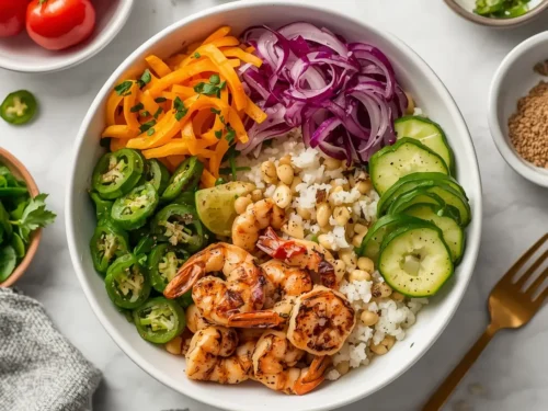 A vibrant grilled shrimp and brown rice buddha bowl filled with fresh vegetables
