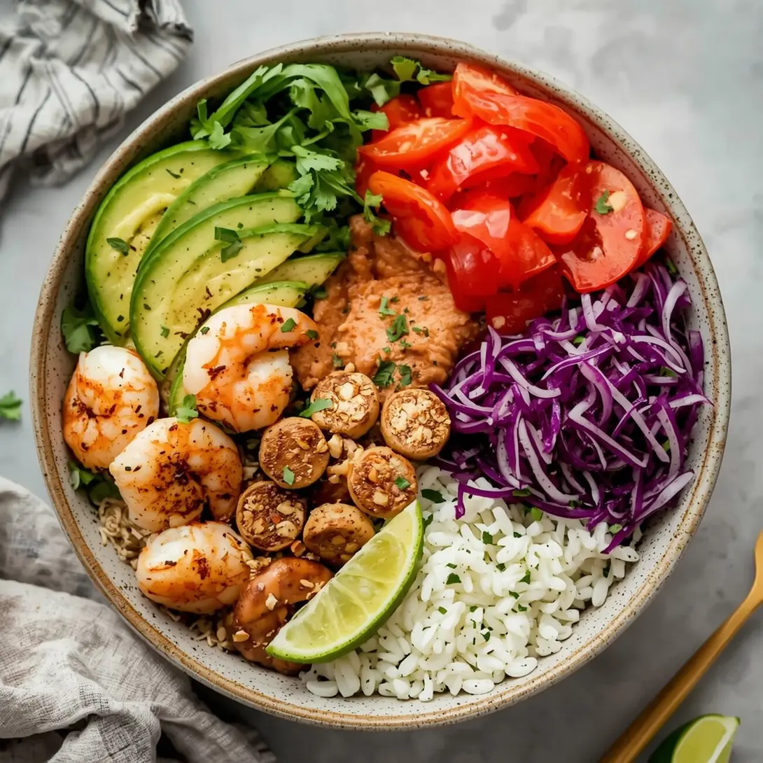 A vibrant grilled shrimp and brown rice buddha bowl filled with fresh vegetables