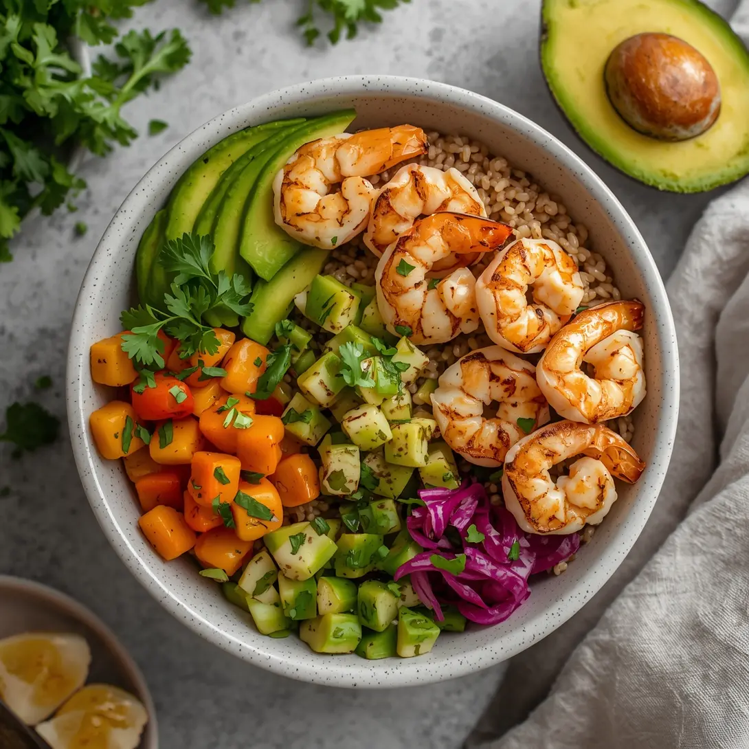 A colorful buddha bowl with grilled shrimp, brown rice, avocado, and mixed vegetables.