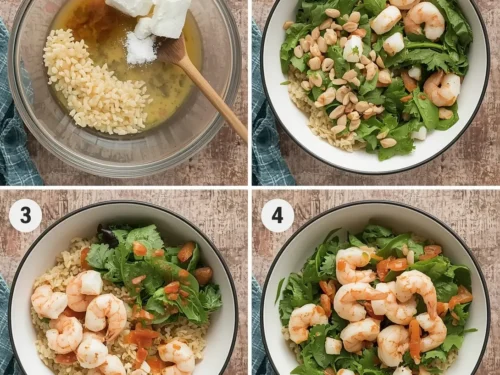 A colorful buddha bowl with grilled shrimp, brown rice, avocado, and mixed vegetables.