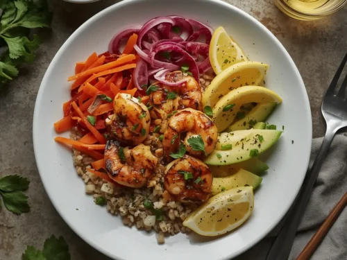 A colorful buddha bowl with grilled shrimp, brown rice, avocado, and mixed vegetables.