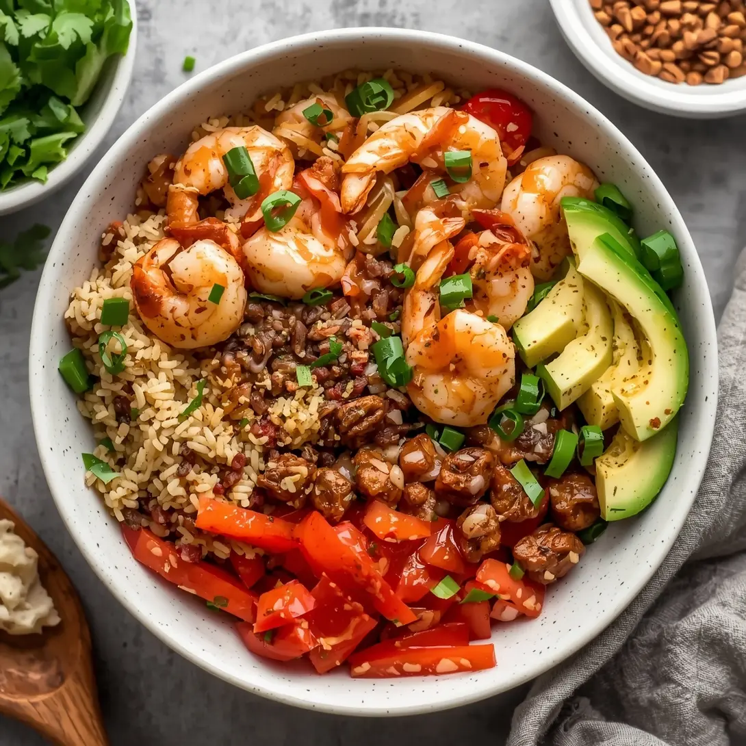 A colorful buddha bowl with grilled shrimp, brown rice, avocado, and mixed vegetables.