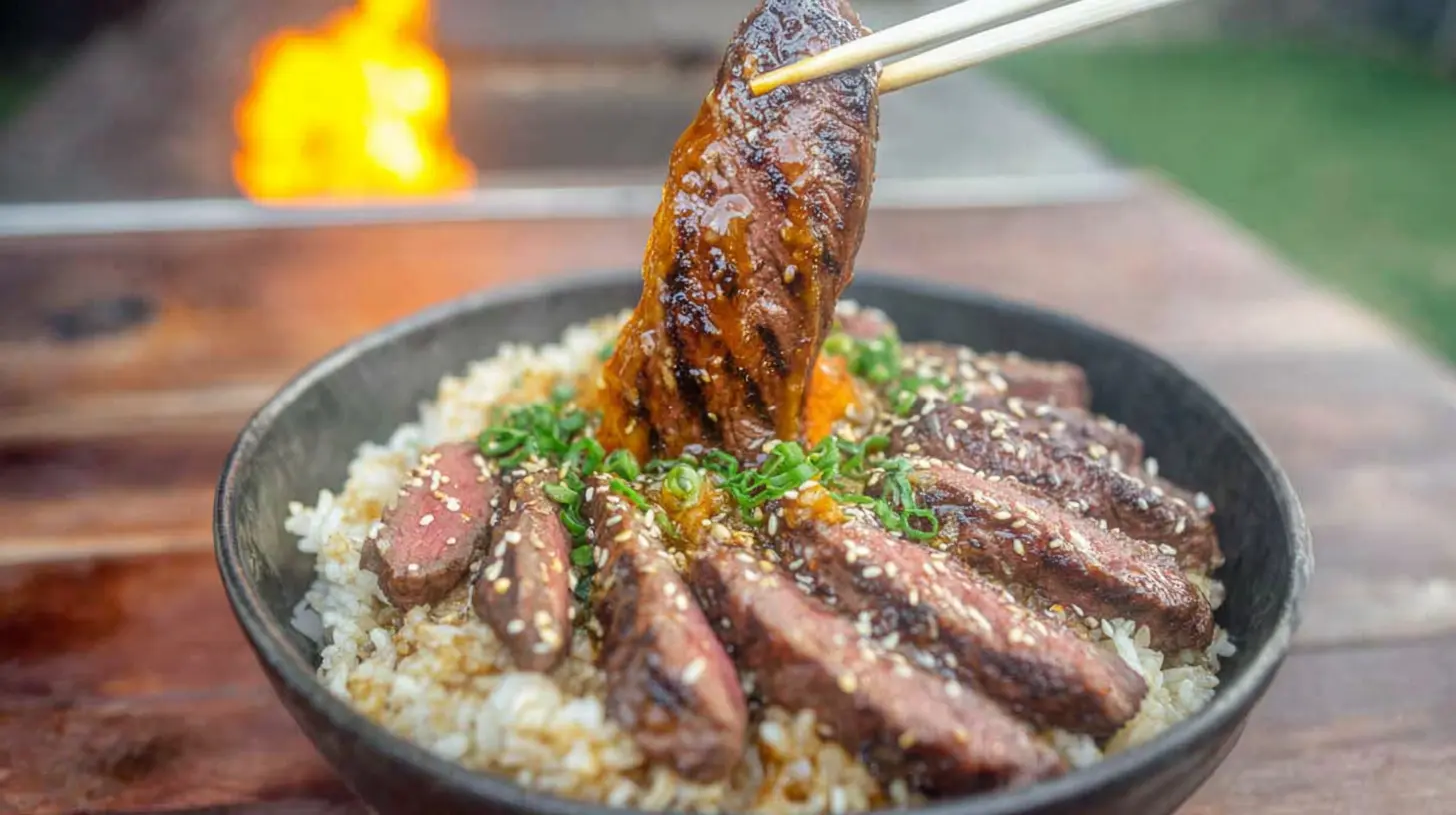 A vibrant grilled steak bowl with sliced steak, rice, and vegetables.