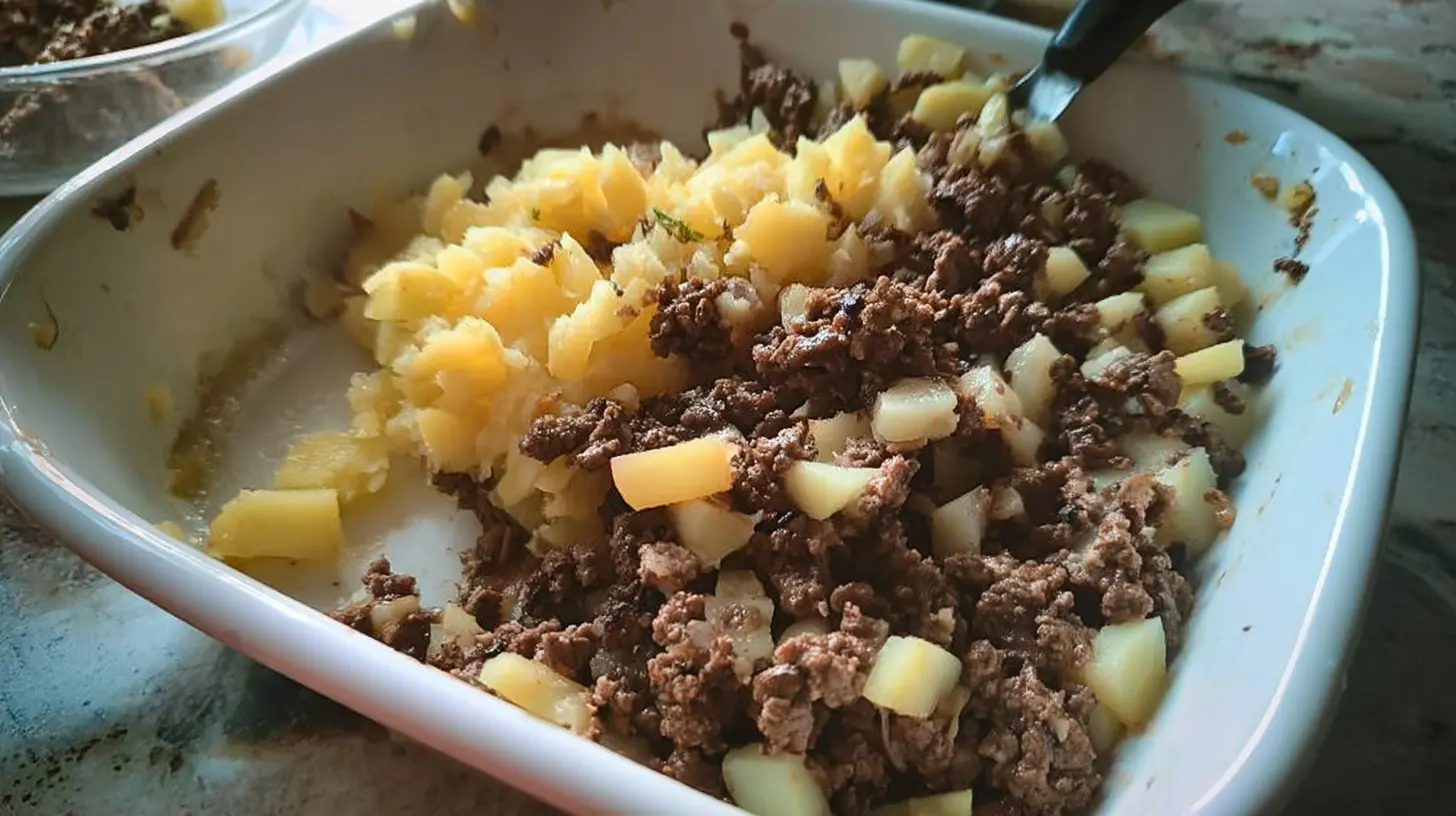 A close-up of a bubbling ground beef casserole with tender potatoes.