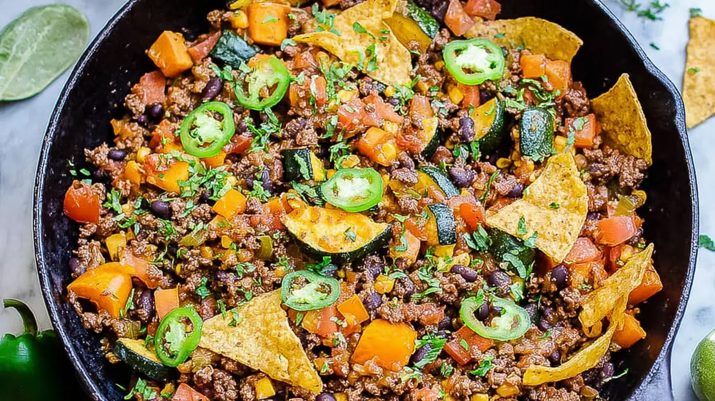 A close-up of a sizzling ground beef veggie skillet with vibrant vegetables.