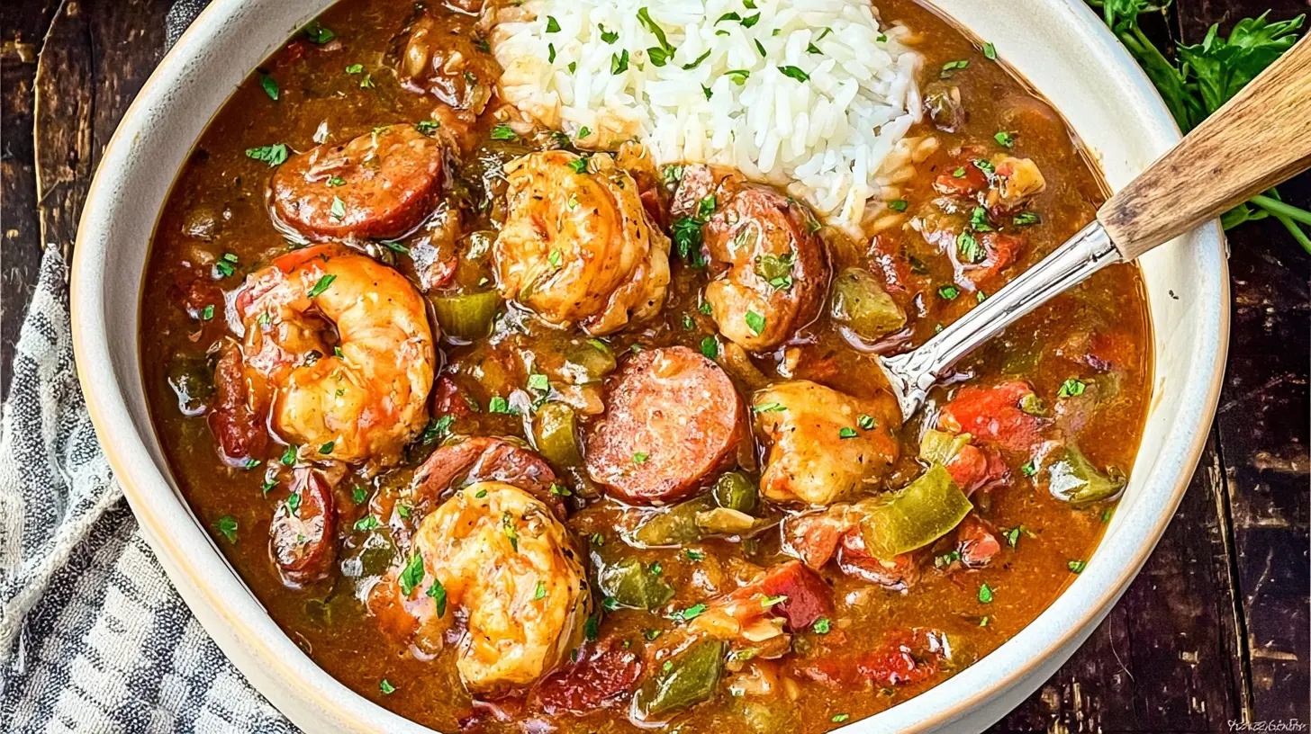 A hot, steaming bowl of gumbo recipe filled with shrimp, sausage, and okra