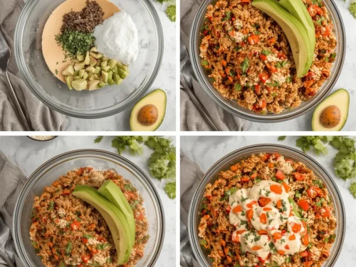 A healthy crockpot chicken burrito bowl topped with avocado and cilantro.
