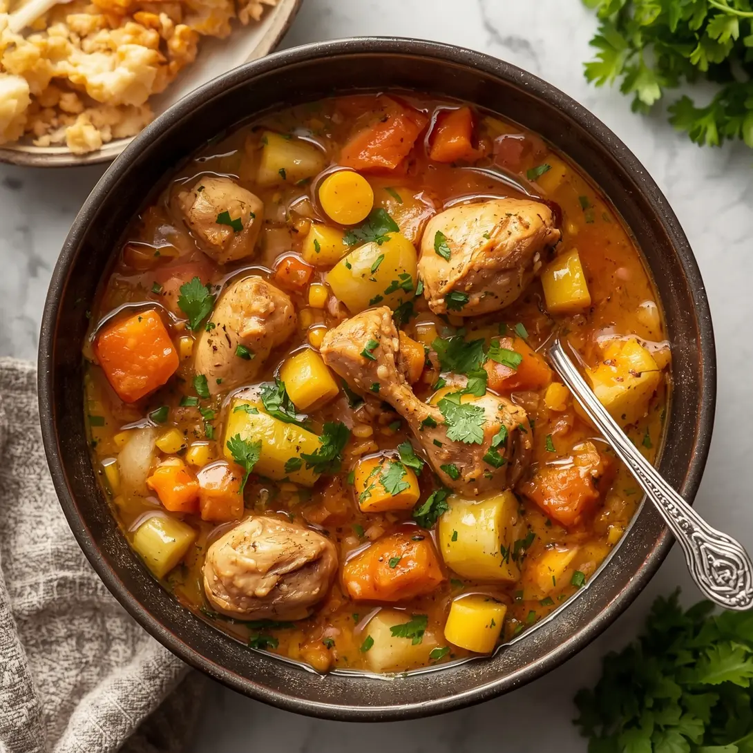 A bubbling crockpot chicken stew filled with tender chicken and mixed vegetables, served in a bowl.