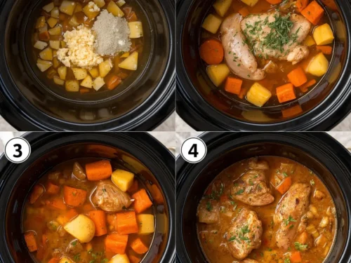 A bubbling crockpot chicken stew filled with tender chicken and mixed vegetables, served in a bowl.