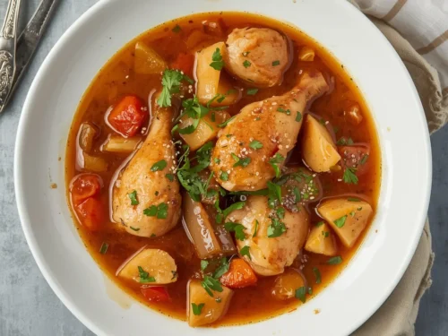 A bubbling crockpot chicken stew filled with tender chicken and mixed vegetables, served in a bowl.