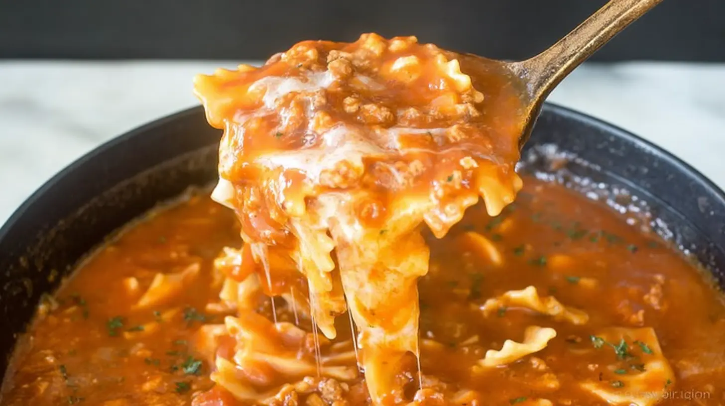 Close-up of a steaming bowl of hearty lasagna soup with ricotta and herbs.
