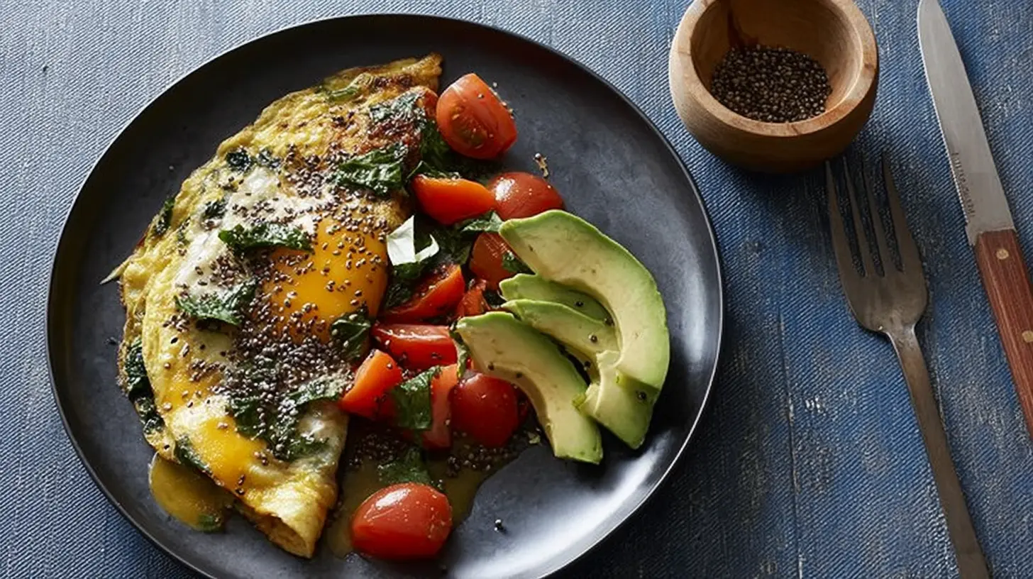 A colorful high protein breakfast bowl with eggs, avocado, and spinach.