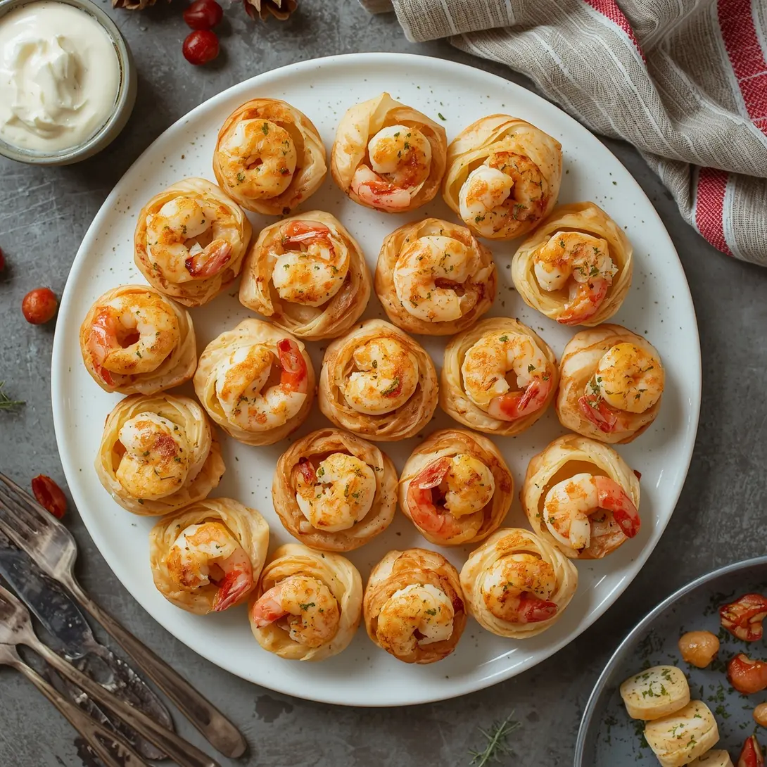 A platter of holiday shrimp puff pastry bites arranged for a festive gathering.